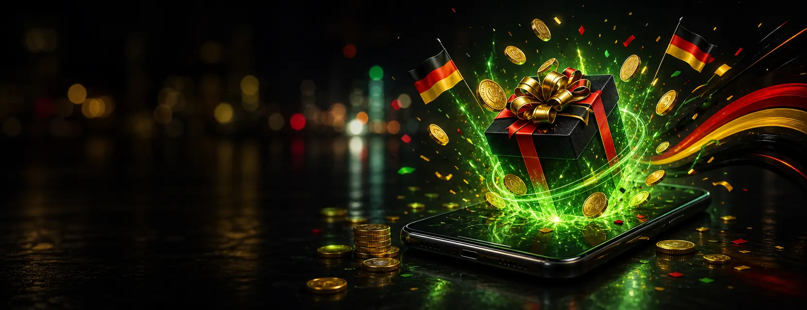 Smartphone auf einem dunklen Tisch, aus dessen Bildschirm eine schwarze Geschenkbox mit roter Schleife springt, umgeben von Goldmünzen