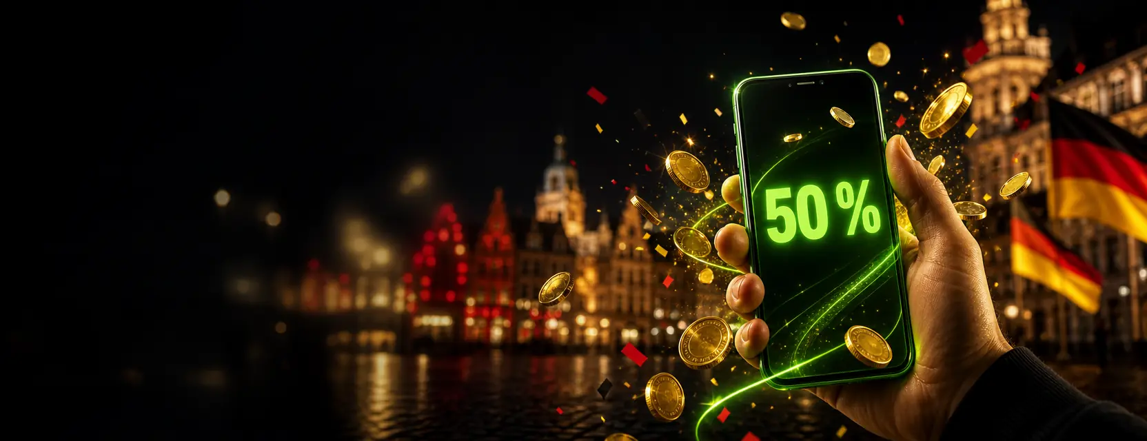 Hand hält ein Smartphone, auf dessen Bildschirm ein leuchtendes 50 % erscheint, umgeben von Goldmünzen