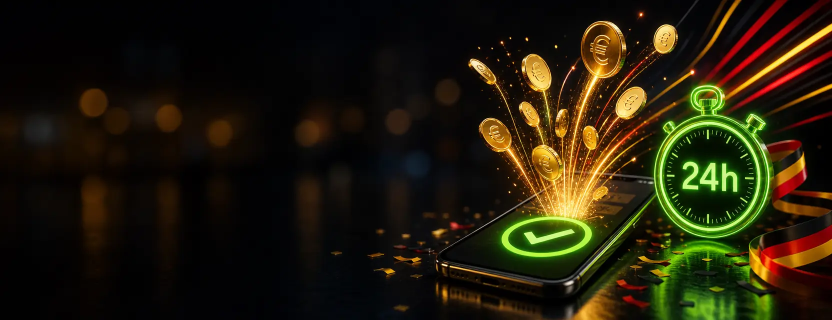 Smartphone mit Auszahlungsbestätigung, aus dem Euromünzen aufsteigen, daneben eine leuchtende Stoppuhr mit 24h