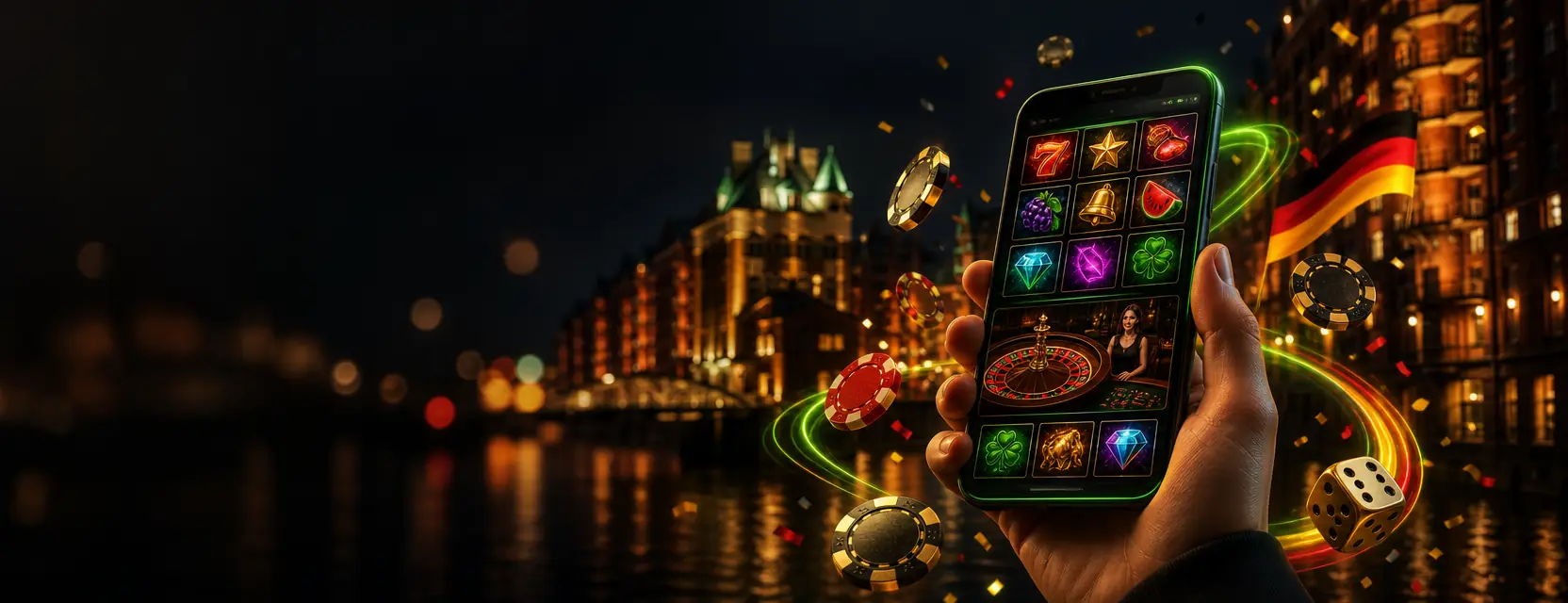 Hand hält ein Smartphone mit Casino-Lobby aus Slots und Roulette, umgeben von Chips und Würfeln, im Hintergrund die Hamburger Speicherstadt