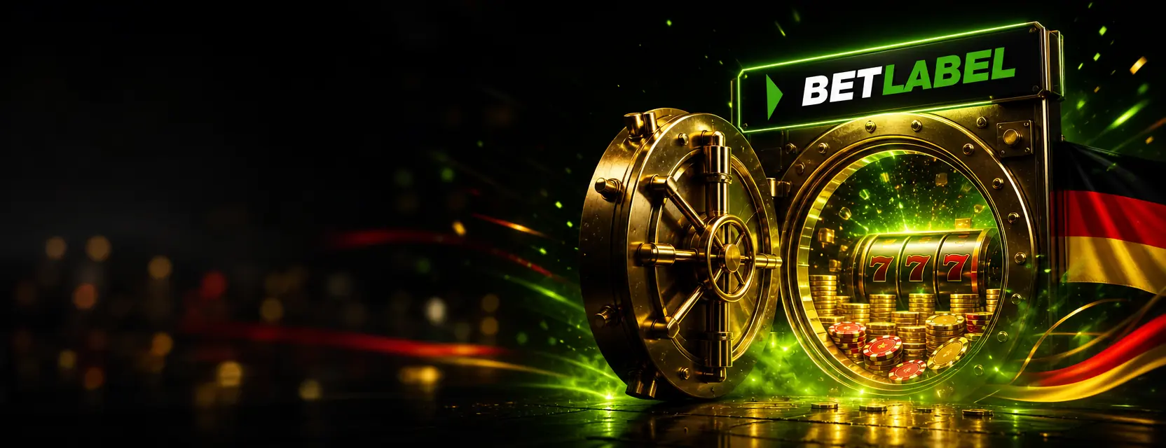 Geöffnete goldene Tresortür mit BetLabel-Logo darüber, dahinter Goldmünzen, Chips und eine Slot-Walze