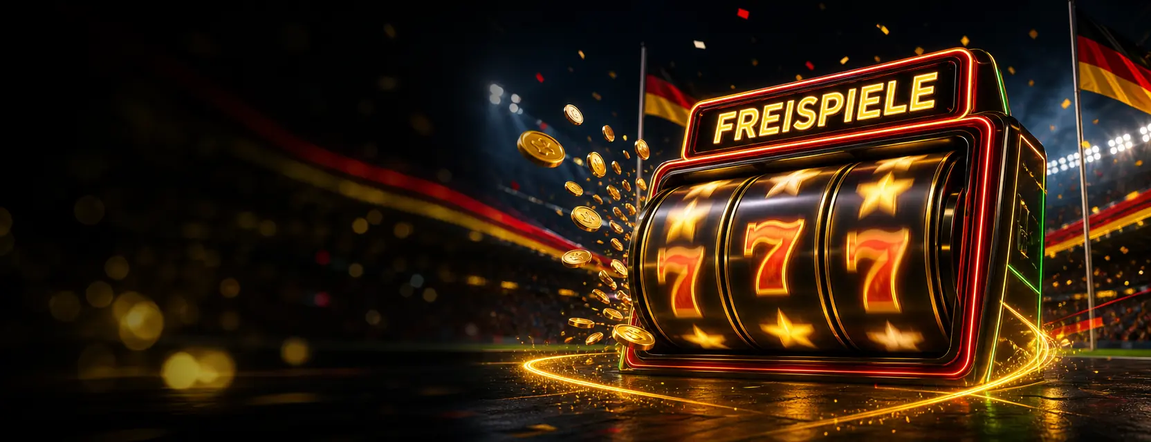 Leuchtende Slot-Walzen mit Sternen und Siebenen unter einem Schild mit der Aufschrift FREISPIELE, aus denen Goldmünzen fliegen