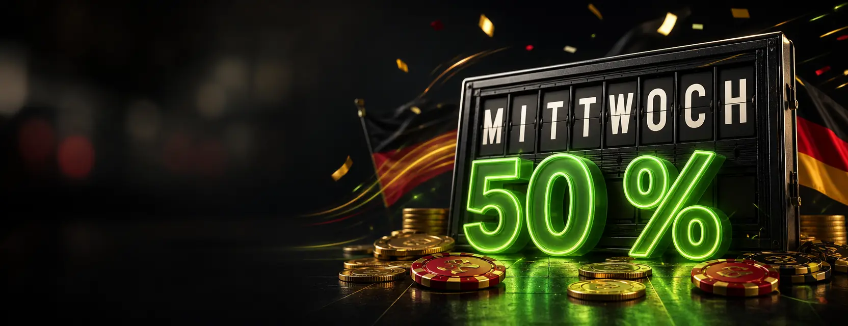 Fallblattanzeige mit dem Wort MITTWOCH und ein großes leuchtendes 50 % zwischen Goldmünzen und Chips