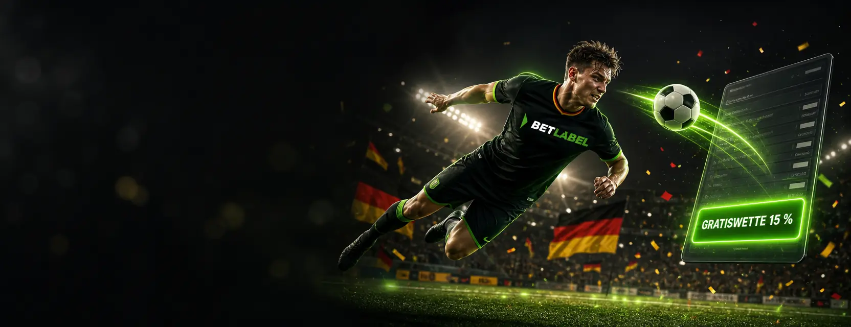 Fußballer im schwarzen Trikot mit BetLabel-Logo springt zum Kopfball, daneben ein leuchtender Wettschein mit GRATISWETTE 15 %