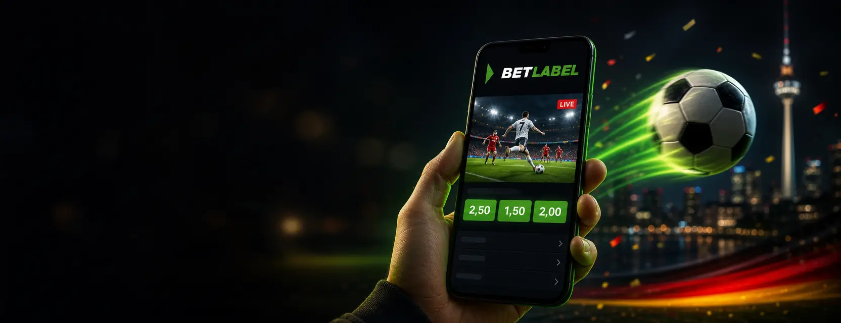 Hand hält ein Smartphone mit der BetLabel-App, einem Live-Fußballspiel und den Quoten 2,50, 1,50 und 2,00