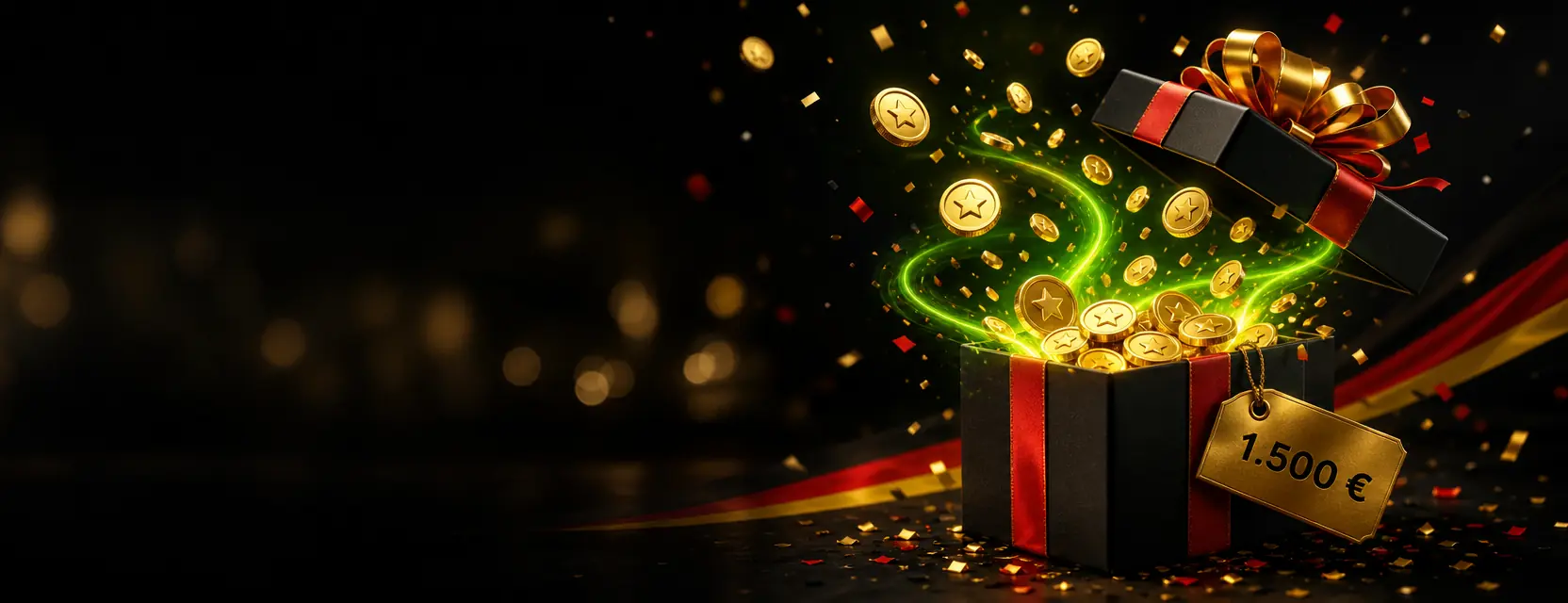 Schwarze Geschenkbox mit roter Schleife springt auf, Goldmünzen und Freispiel-Chips wirbeln heraus, am Anhänger steht 1.500 €