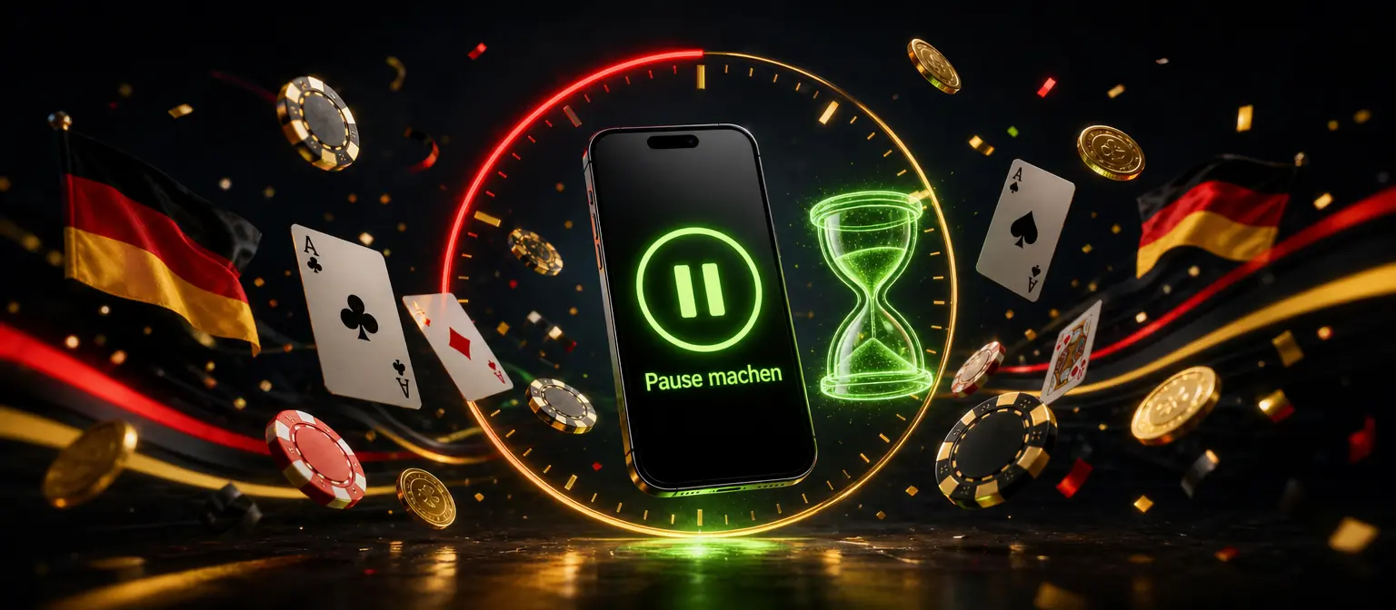 Smartphone mit großem Pause-Symbol und dem Hinweis Pause machen, um das Gerät schweben eingefrorene Chips und Münzen