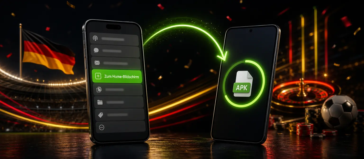 iPhone mit dem Menüpunkt Zum Home-Bildschirm und Android-Smartphone mit einer APK-Datei, verbunden durch einen leuchtenden Download-Pfeil