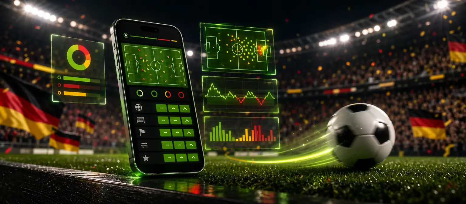 Smartphone mit Live-Match-Tracker am Rand eines Fußballplatzes, darüber schwebende Live-Statistiken als Hologramm