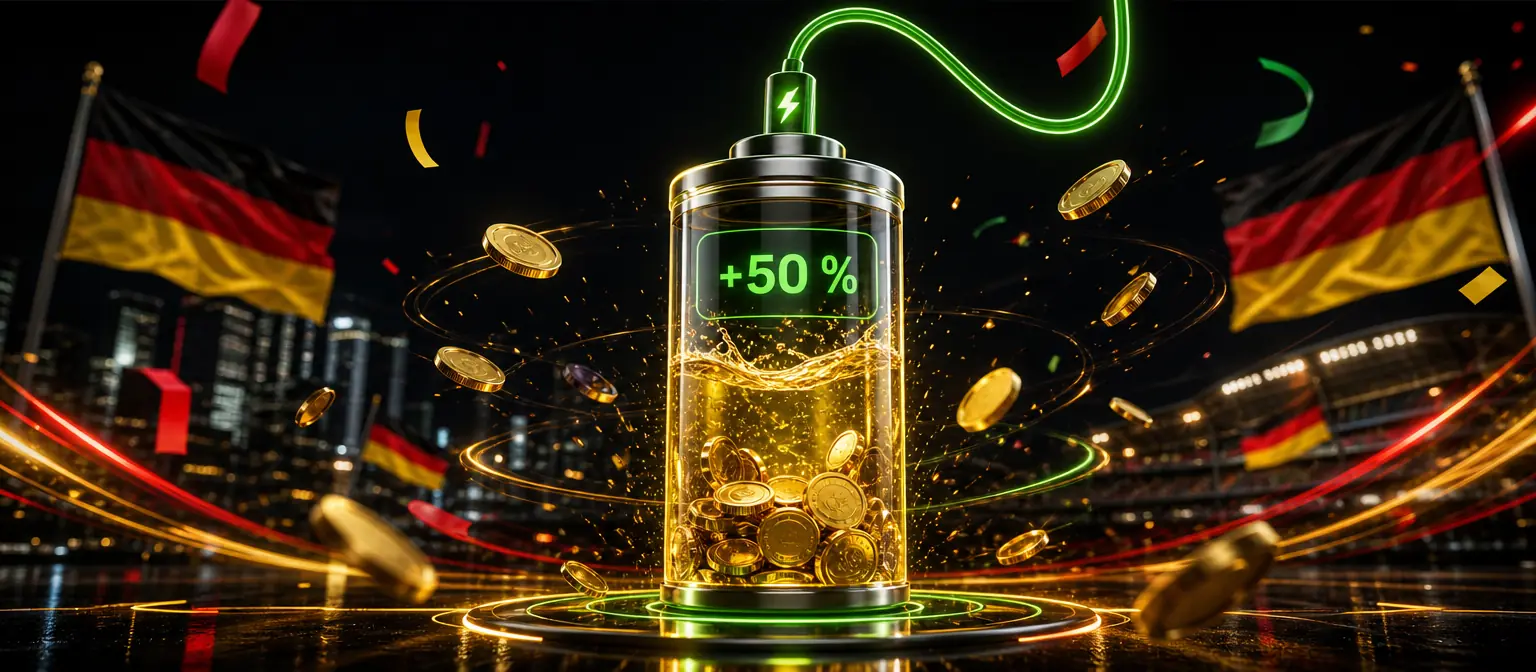 Gläserne Batterie wird mit Goldmünzen aufgeladen, ein grüner Blitz und die Ladeanzeige +50 %