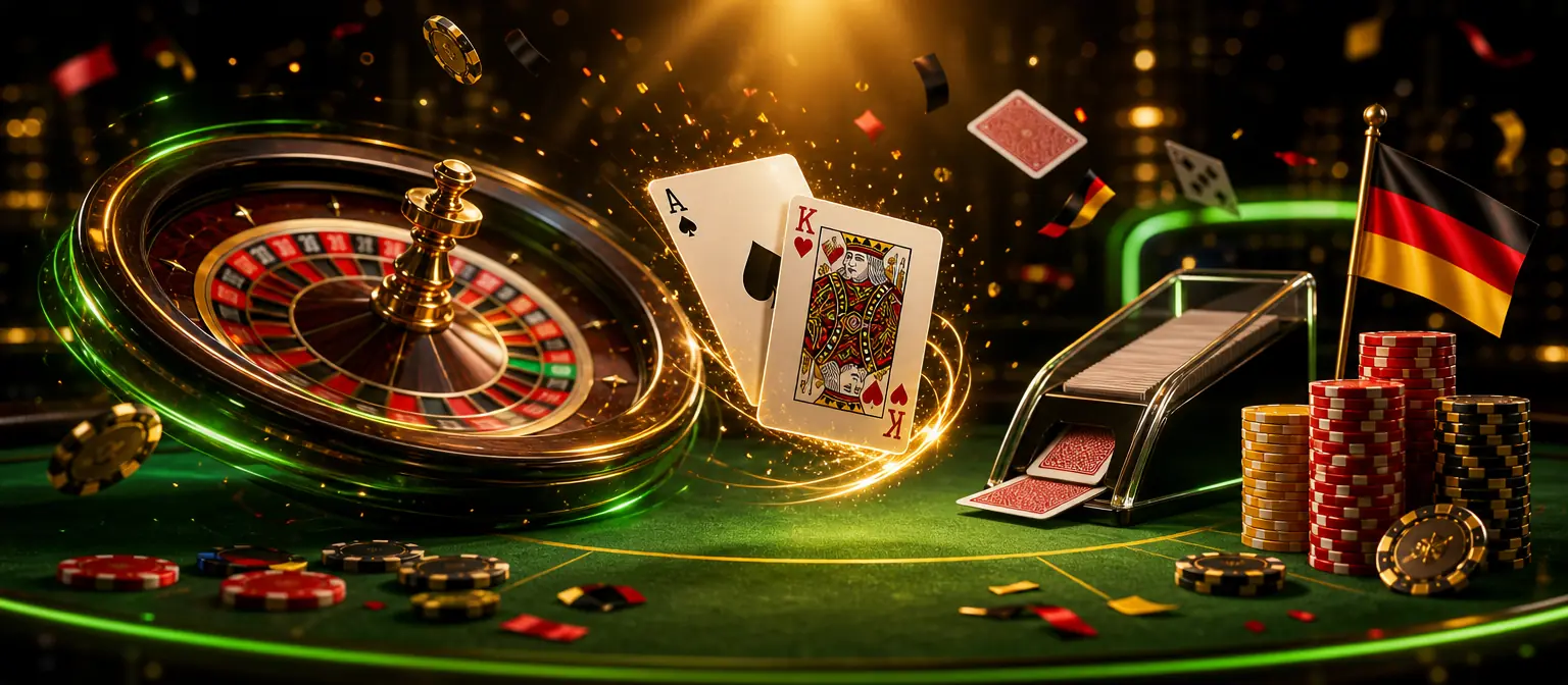 Drehender Roulettekessel, fliegende Spielkarten mit Ass und König, Baccarat-Schlitten und Chipstapel auf grünem Filz