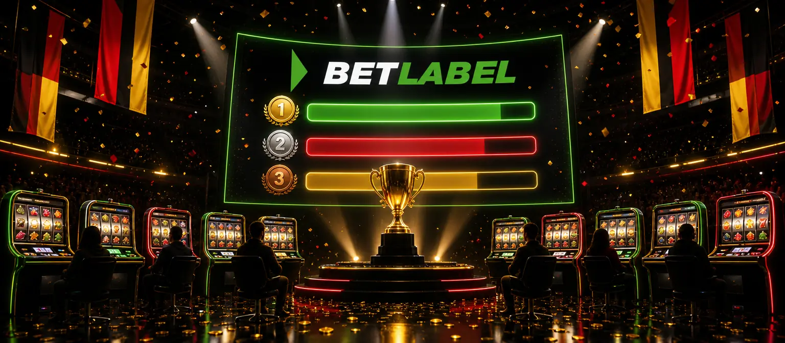 Finale eines Slot-Turniers in einer Arena: goldener Pokal auf der Bühne vor einer LED-Rangliste mit BetLabel-Logo, Spielautomaten und Konfetti
