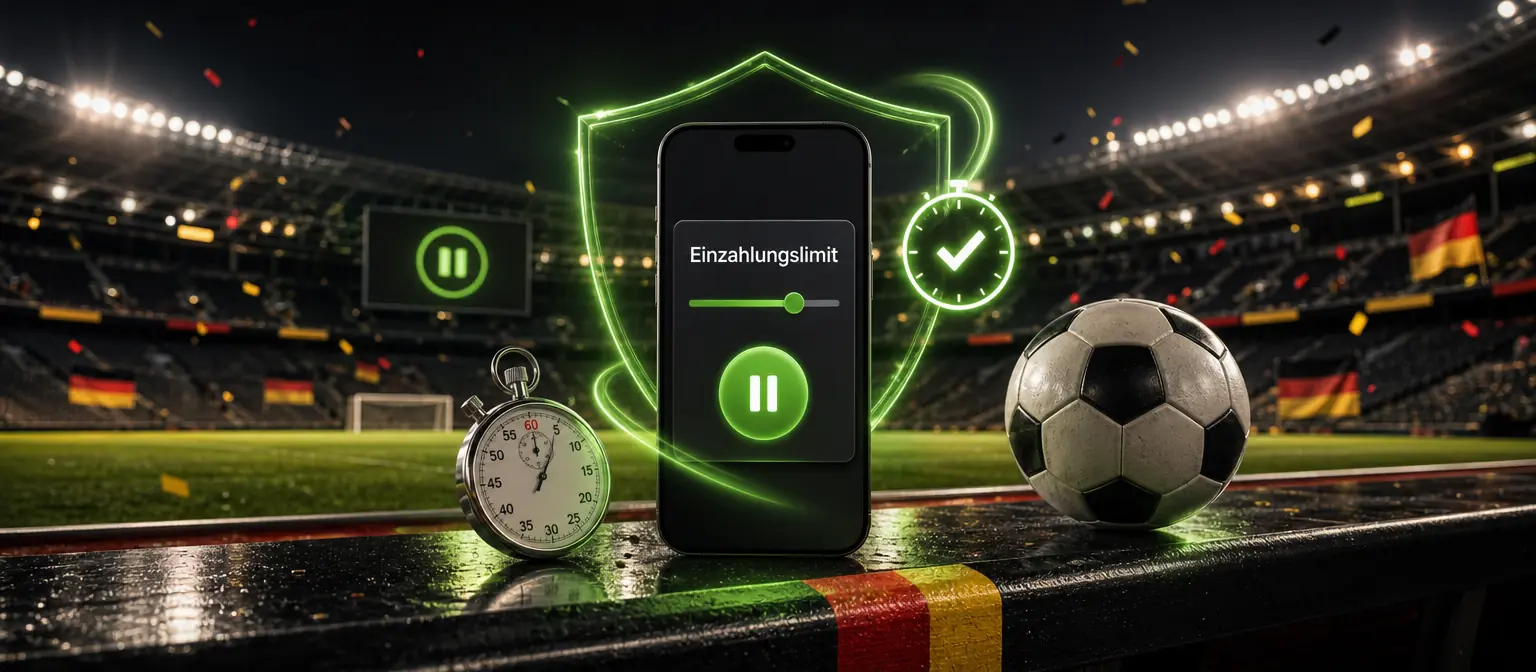 Smartphone mit dem Regler Einzahlungslimit und einem grünen Schild-Hologramm auf der Trainerbank eines leeren Stadions, auf der Anzeigetafel ein Pause-Symbol