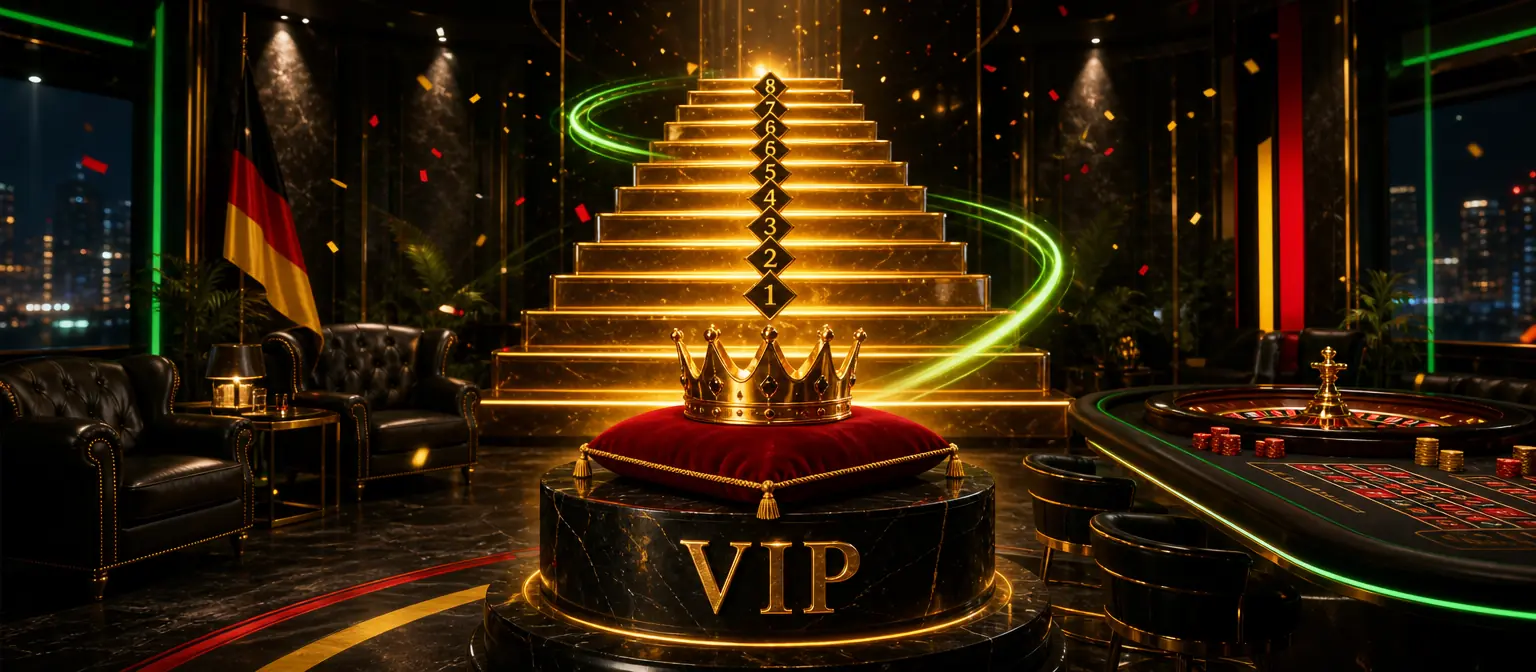VIP-Lounge mit goldener Krone auf rotem Samtkissen über einem Sockel mit der Gravur VIP, dahinter eine Treppe aus acht leuchtenden Stufen
